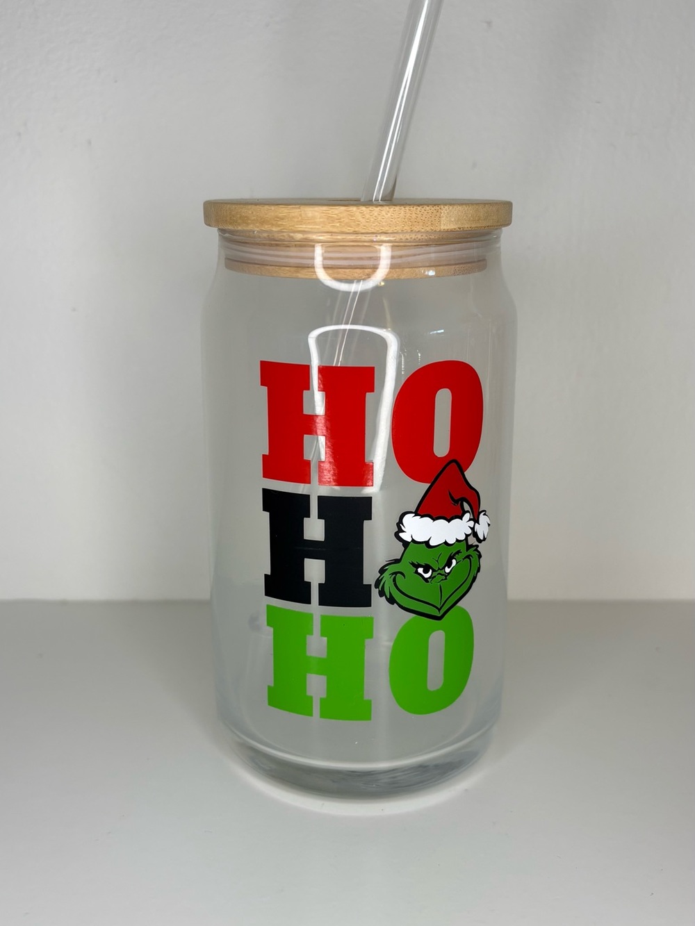 New custom holiday Grinch Glass Tumbler with Bamboo Lid - Green/Red/Black